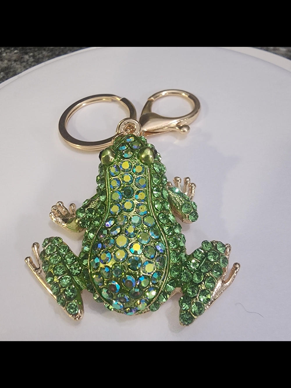 Green Crystal Frog Keychain with Gold Hardware
